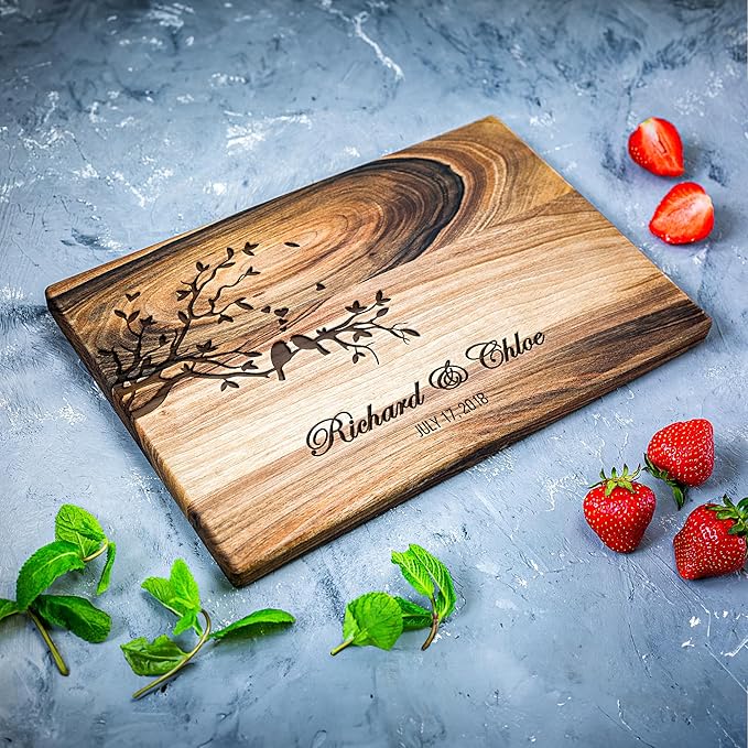 Personalized Walnut Wood Cutting Board – Custom Lovebirds Engraving with Couple's Names – 10x14 Inches – Gift for Wedding, Anniversary, Christmas, Housewarming – Great for Parents and Friends