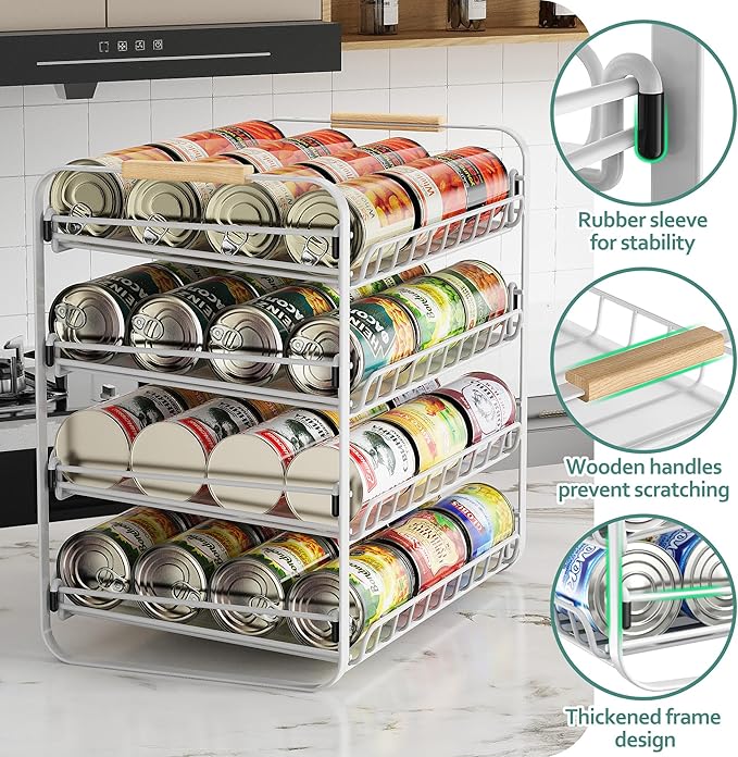 MAXIFFE 4 Tier Can Organizer for Pantry, 16.9"W×11.5"D×16.7"H, Space-Saving Adjustable Metal Hold 40 Standard 12-oz Cans Storage Rack Holder for Countertop Kitchen Soda Drinks Fruits, White