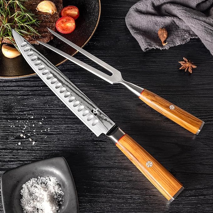 Carving Knife and Fork Set for Meat Turkey - Set of 2 with 9 inch Damascus Slicing Carving Knife and 6 inch Fork - Damascus VG10 Steel 67-Layer - Natural Olive Wood Handle- Exquisite Box