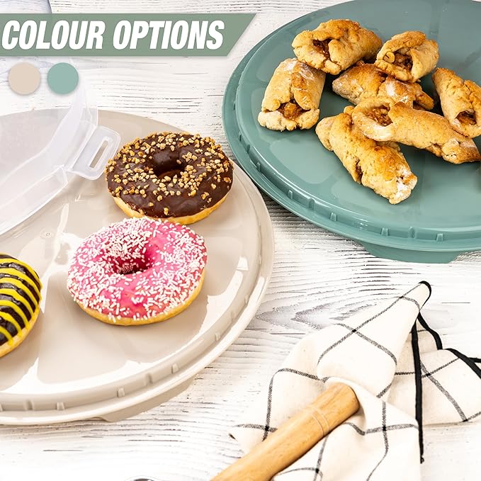 13 Inch Cake Carrier with Locking Lid and Handle, Stylish Big Round Container for Kitchen Storage, BPA Free Stand, Plastic Holder for Transporting, Donuts, Cupcakes, Pies (2 Colors Set, 13 in)