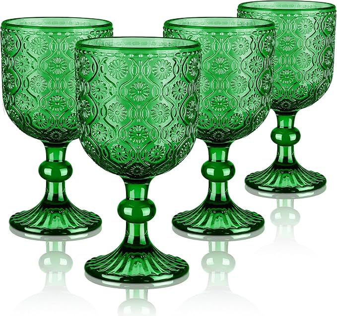 Joeyan Vintage Green Glass Wine Goblet,Embossed Floral Stemmed Wine Glasses,Colored Drinking Cups,Heavy-Duty Glassware for Wedding Party Bar,12 oz,Set of 4,Dishwasher Safe