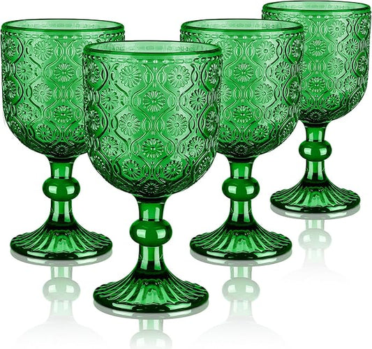 Joeyan Vintage Green Glass Wine Goblet,Embossed Floral Stemmed Wine Glasses,Colored Drinking Cups,Heavy-Duty Glassware for Wedding Party Bar,12 oz,Set of 4,Dishwasher Safe