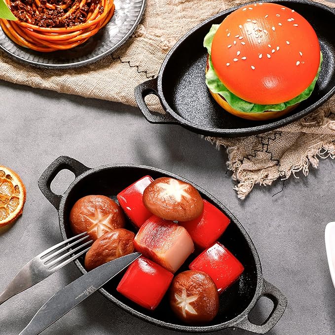 Mifoci 6 Pcs Oval Serving Dish Mini Cast Iron Skillet Cast Iron Baking Pan Sizzling Plate Matte Black Gratin Cookware for Home Restaurant Kitchen Food Service Barbecue (7.1" X 4.7")