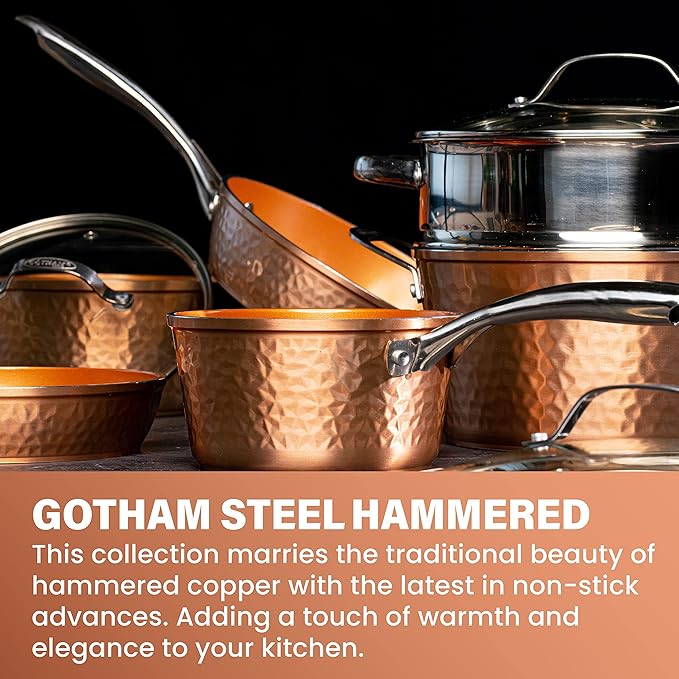 Gotham Steel Hammered 20 Pc Ceramic Cookware Set Nonstick, True Ceramic Pots and Pans Set Non Stick with Deep Square Pan Set & Bakeware Set, Non Toxic PFOA PFOS Free, Oven & Dishwasher Safe