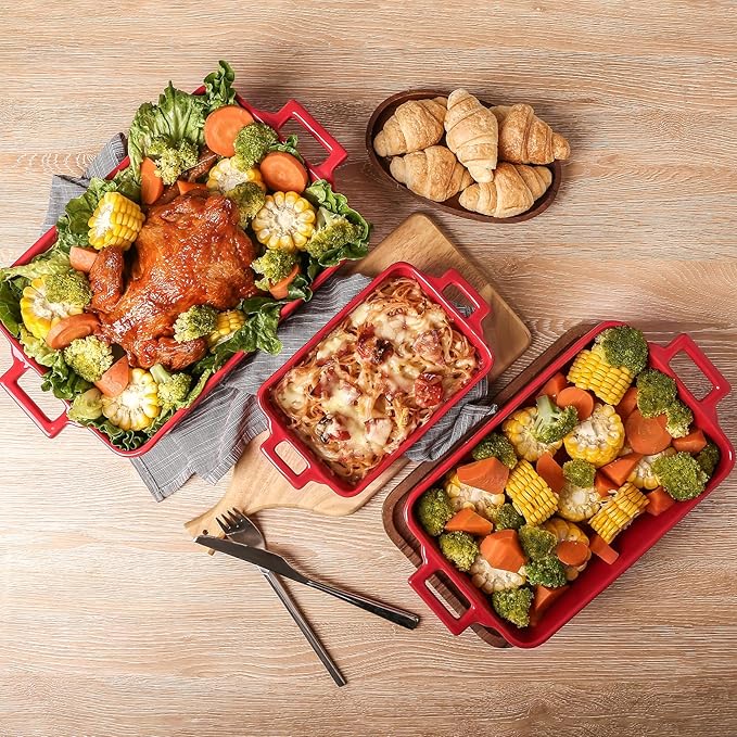 VICRAYS Ceramic Bakeware Set, Porcelain Rectangular Baking Dish, Baking Pan Lasagna Pans Casserole Dish Set for Cooking, Kitchen, Cake Dinner, Banquet and Daily Use, 3 PCS, 15 x 8.5 Inches (Red)