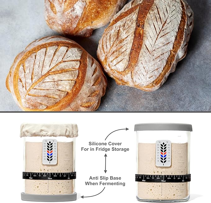 Premium Sourdough Starter Jar - 40oz Large Sourdough Jar with Marked Feeding Band, Thermometer, Scraper, Cloth Cover and Silicone Lid/Base, Wide Mouth Starter Kit - Grey