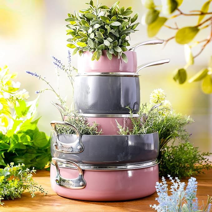 Bloomhouse 12 Piece Aluminum Pots and Pans Cookware Set w/Non-toxic Ceramic Non-stick, Ceramic Steamer Insert, & 12 Protective Care Bags - Pink Orchid