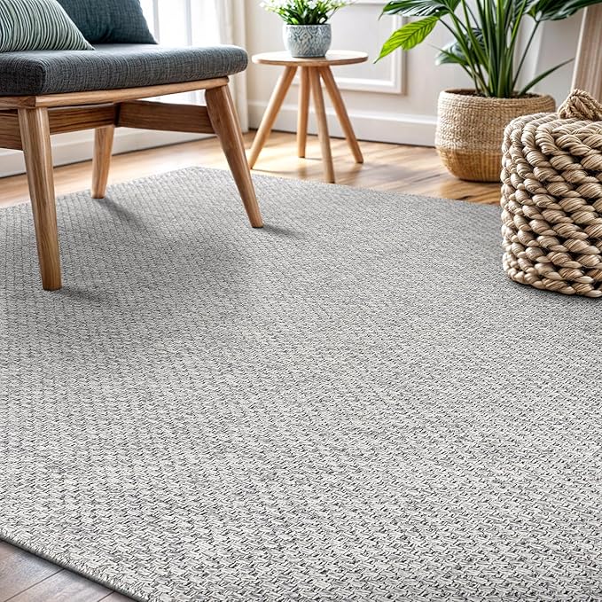 CAMILSON Easy Jute Rug 5x7, Indoor Outdoor Gray Color Farmhouse Area Rugs for Living Room Patio and Kitchen Rug, Solid Boho Woven Design, Easy-Cleaning, Washable Outside Carpet Alfombras (5 x 7)
