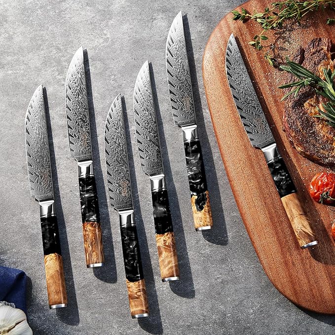SENKEN Damascus Steak Knife Set - Black Tsunami Collection - 67-Layer Japanese VG10 Steel - Razor Sharp Non-Serrated Blades, Black Resin & Burl Wood Handles, Luxury Gift Box