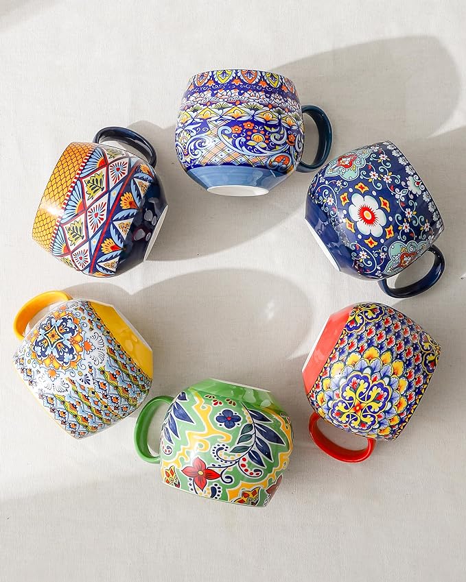 HENXFEN LEAD Boho Coffee Mugs 20 Ounce - Porcelain Cups for Latte, Tea, Cappuccino, Cocoa, Soup, Dishwasher, Microwave Safe, Christmas Gift Set of 6 - Bohemian Style