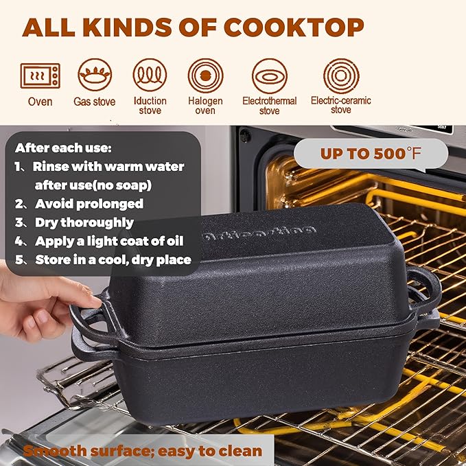 11x5 Inch Cast Iron Bread Loaf Pan With Lid，5.8 Qt Large Loaf Pan For Sourdough Bread Baking, Pre-Seasoned Heavy Duty Dutch Oven Bread Pan For a Crispy Crust