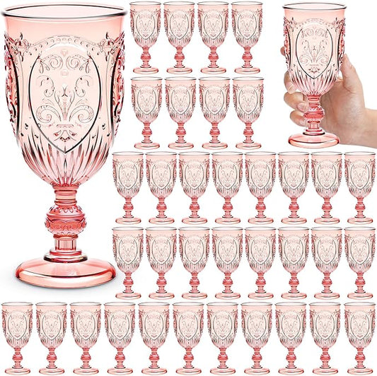 36 Pack Plastic Goblets 10oz Upgrade Vintage Water Goblet Plastic Wine Glasses Colored Retro Embossed Glassware for Party Wine Bar Juice Baby Shower Wedding Reception Grand (Pink)