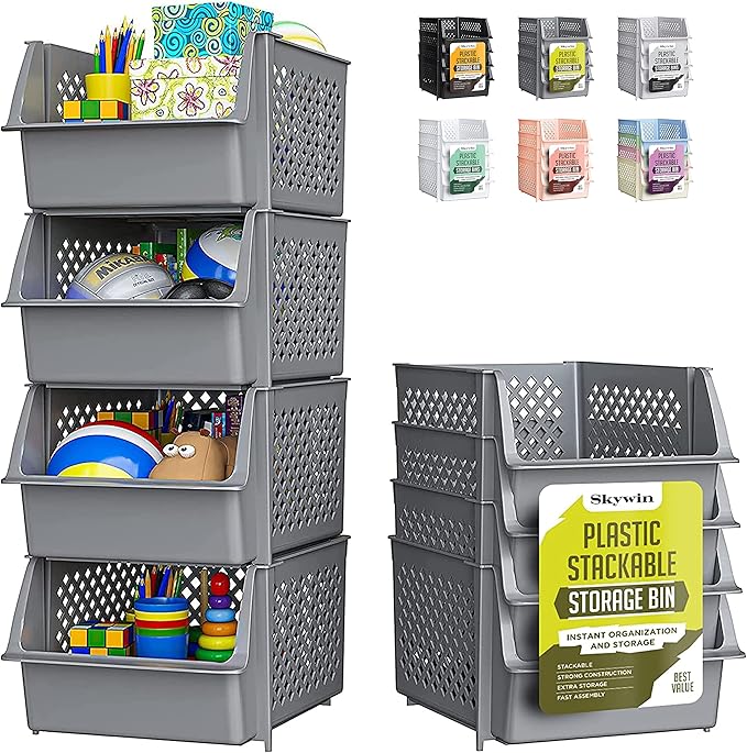TidyFriend Stackable Storage Bins for Closet Organizers and Storage 4 Pack, Garage Storage Bin Stackable, Bathroom and Garage Organizer (Grey)
