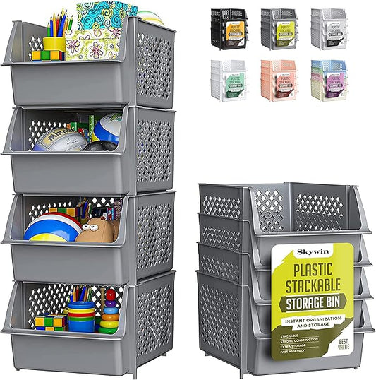 TidyFriend Stackable Storage Bins for Closet Organizers and Storage 4 Pack, Garage Storage Bin Stackable, Bathroom and Garage Organizer (Grey)