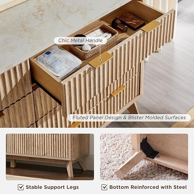 T4TREAM Fluted 8 Drawers Dresser, 54" Wide Modern Chest of Drawers with Faux Marble Top, Curved Profile Design, Dresser TV Stand, Wood Drawer Organizer for Bedroom, Living Room, Hallway, Natural Oak