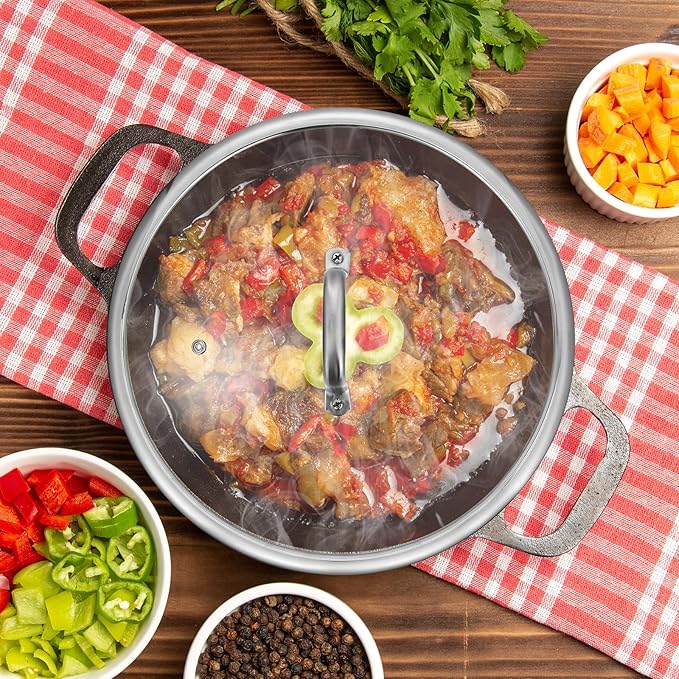 Luxshiny 13-Inch Tempered Glass Pot Lid with Handle - Universal for Frying Pans, Cast Iron Skillets, and Pots - Heat-Resistant Glass with Stainless Steel Edges for Clear Cooking Visibility