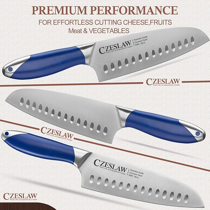 Santoku Knife 2pcs, Japanese 7" Chef Knife & 5" Vegetable Knife, Forged High Carbon German Steel, Full Tang & Razor Sharp, Ergonomic Prussia Blue Handle Design, cooking gifts cooks