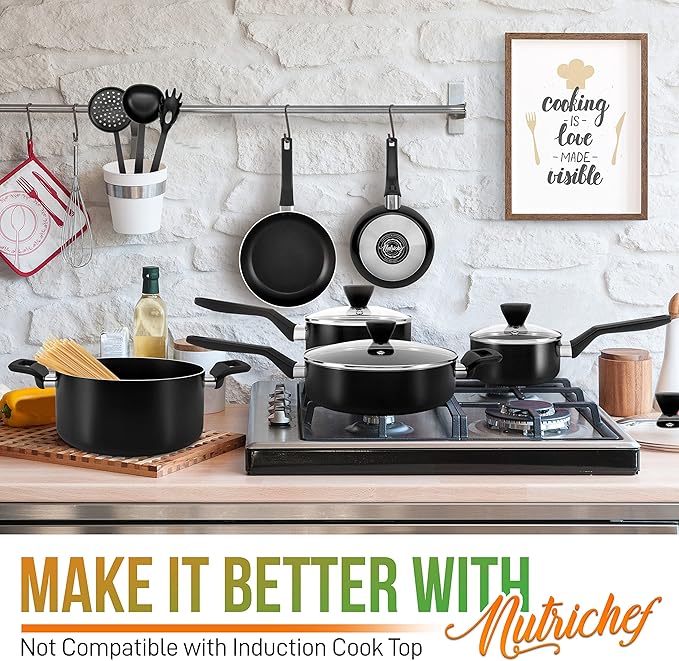 NutriChefKitchen 13-Piece Nonstick Kitchen Cookware Set -PTFE/PFOA/PFOS Free Heat Resistant Kitchen Ware Pots Pan Set w/ Saucepan,Frying Pans,Cooking Pots,Casserole,Lids,Ladle,Fork,Strainer-NCCWA13.5