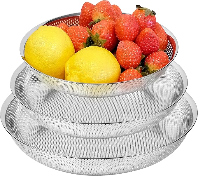 Premium 18/8 304 Stainless Steel Small Colander Set of 3, Comfortable Tray, Micro-Perforated Shallow Colanders 2-3-4 Quart Set, Self-Draining Solid Base for Pasta, Fruits, Vegetables
