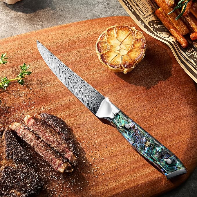 SENKEN 6-Piece Damascus Steak Knife Set, Non-Serrated Blades, Real Abalone Shell Handle Handle, "Umi" Collection Japanese Steak Knives, Japanese VG10 Steel 67-Layer Damascus