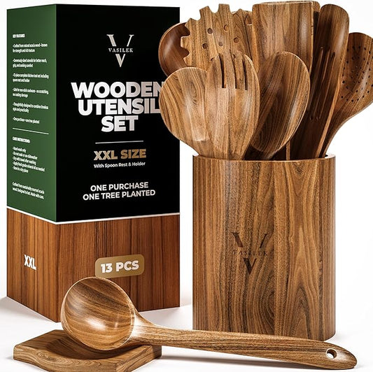 XXL Wooden Utensil Set – 13 Piece Acacia Wood Cooking Tools with Round Holder for Nonstick Cookware with Holder & Spoon Rest – Wooden Spoons for Cooking, Spatula, Spurtle