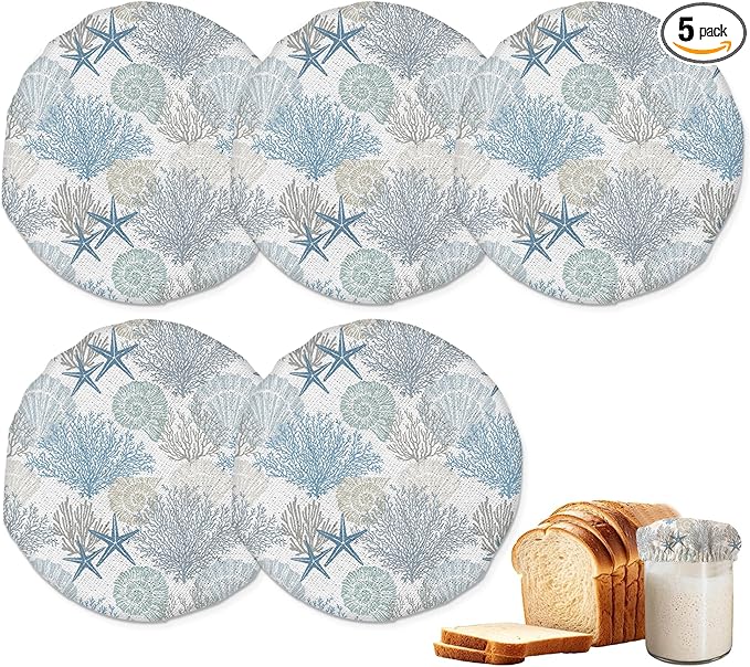 Sourdough Starter Jar Covers,5-Pack Reusable Marine Sea Shells Stars Coral Cloth Lids for 3-4 Inch Jars,Ideal for Kombucha Kefir or Cheese Fermentation