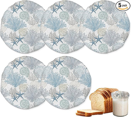 Sourdough Starter Jar Covers,5-Pack Reusable Marine Sea Shells Stars Coral Cloth Lids for 3-4 Inch Jars,Ideal for Kombucha Kefir or Cheese Fermentation