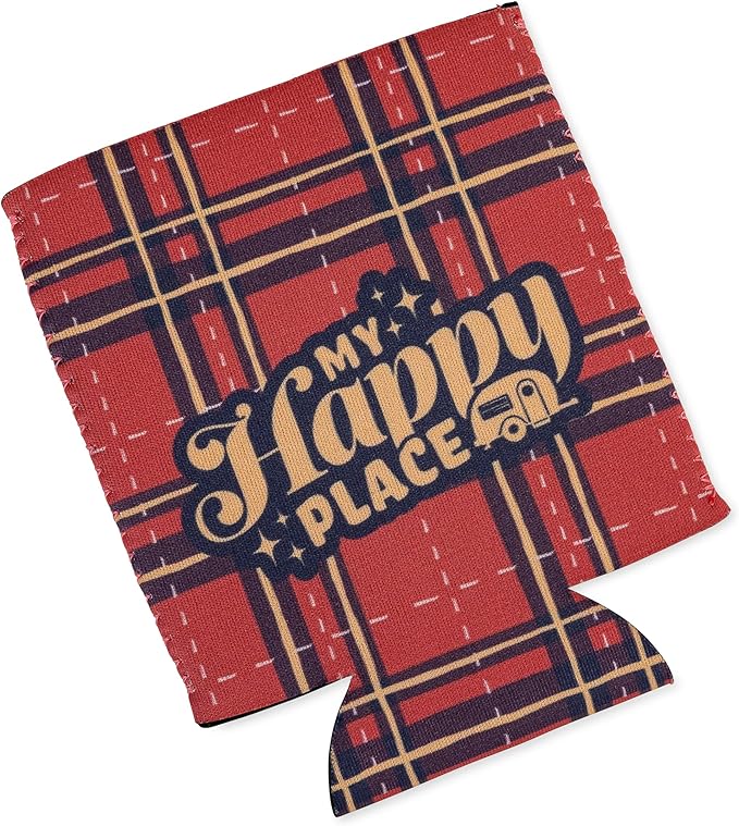 Camco Life is Better at The Campsite Can Holder | Keeps Your Beverage Cold | Fits 12 oz. Cans | Features a Red Plaid My Happy Place Design (53479)