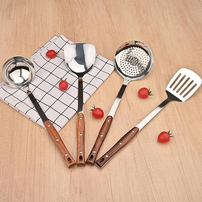 FJNATINH 4Pcs Kitchen Utensils Set, Heat Resistant Wok Spatulas, Stainless Steel Ladle, Skimmer Spoon, Slotted Turners, Metal Wok Utensil Tools for Serving, Cooking, Stirring, Soup, Turning