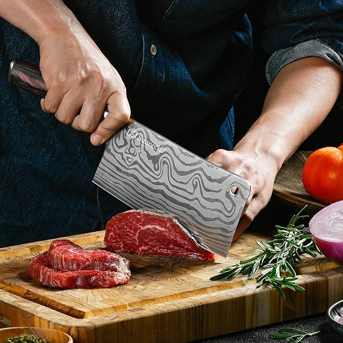 Sunnecko 7 Inch Cleaver Knife, High Carbon Stainless Steel Chinese Cleaver with Wooden Handle,Razor Sharp Meat Cleaver for Home and Kitchen