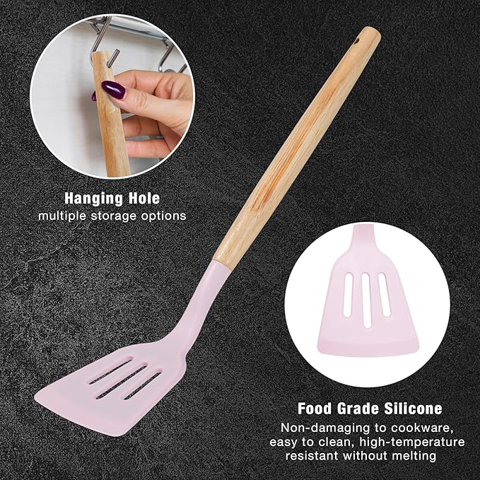 19 PCS Kitchen Cooking Utensils Set, 11 Pieces Silicone Cooking Utensils Set 6 Pieces Sharp Stainless Steel Pink Knife Set with 1 Piece Cutting Board, Ideal for Apartment