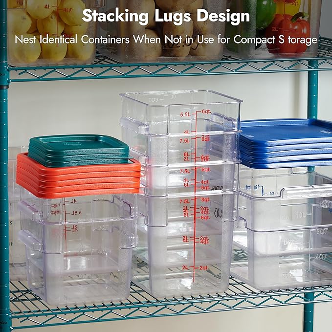 CURTA 4-Pack Food Storage Containers with Blue Lids - 12 Qt & 22 Qt Square Clear Polycarbonate - NSF Listed, Commercial Grade, Freezer & Dishwasher Safe, Stackable