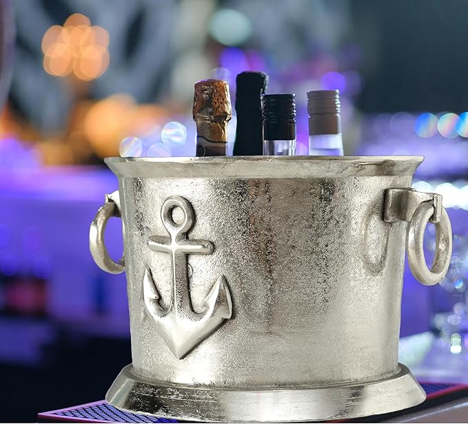 Luxury Champagne Bucket Wine Cooler, Nautical Flair, Anchor Crest, Hand Cast Aluminum, Old World Craft Finish, Up to 8 Bottles, 14.25 L x 12.25 W x 9.0 H inches, 7.5 lbs