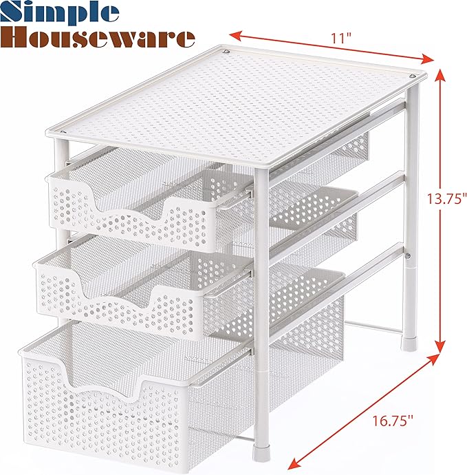 Simple Houseware 3 Tier White Alloy Steel Sliding Basket Organizer Drawer Cabinet