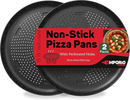 Non-Stick Pizza Pan 2 Pack – 16 Inch Round Carbon Steel Pizza Tray with Perforated Holes, PFOAPFOSPTFE-Free, Dishwasher & Oven Safe Up To 450°F, Durable Nonstick Gray Marble Coating