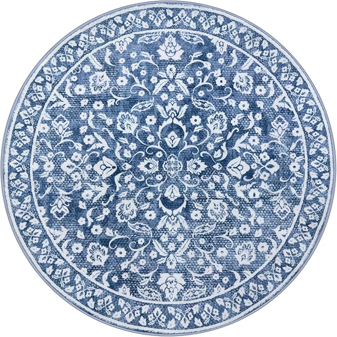 Blue and White Round Rug 3 Ft Rugs for Entryway Washable Circle Entrance Rug Non Slip Round Doormat Indoor Printed Faux Wool Round Front Door Mat Floor Carpet for Backdoor, Bedroom