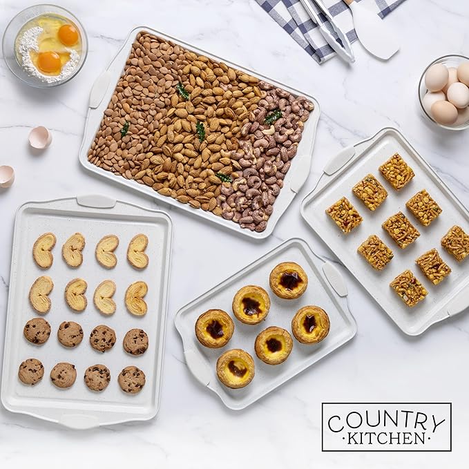 Country Kitchen Nonstick Stackable Bakeware Set - Heavy Duty, Durable, Easy Release Baking Set, Cream, 4 Pcs