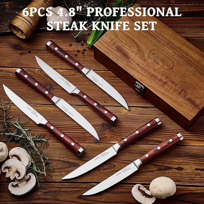 AmHoo Steak Knives Set of 6 Non Serrated 4.8-inch German High Carbon Stainless Steel Ultra Sharp Handle Pakkawood with Gift Wooden Box