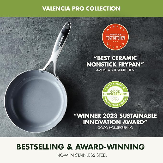 GreenPan Valencia Tri-Ply Stainless Steel 10 Piece Cookware Set, Induction Ready Pots & Pans, Mirror Finish, Dishwasher Safe & Oven/Broiler Safe to 600F, Compatible with All Cooktops, Silver
