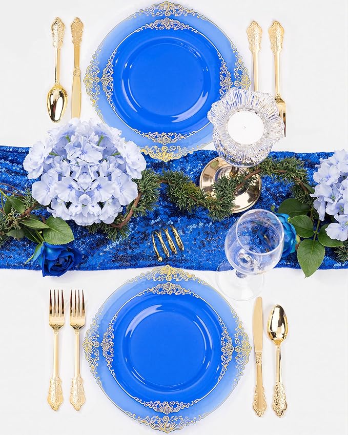 Nervure 350PCS Blue Plastic Plates - Blue Plastic Dinnerware Sets for 50 Guests - 100 Disposable Plates, 150 Gold Silverware, 50 Cups, 50 Napkins for Wedding & Party & Thanksgiving Day
