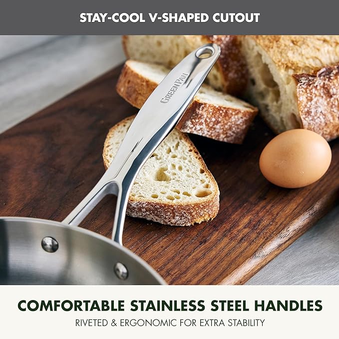 GreenPan Valencia Pro Stainless Steel 10 Piece Cookware Pots and Pans Set, Induction Suitable Mirrored Tri-Ply, Ceramic Nonstick PFAS-Free Coating, Multi Clad, Dishwasher Oven & Broiler Safe