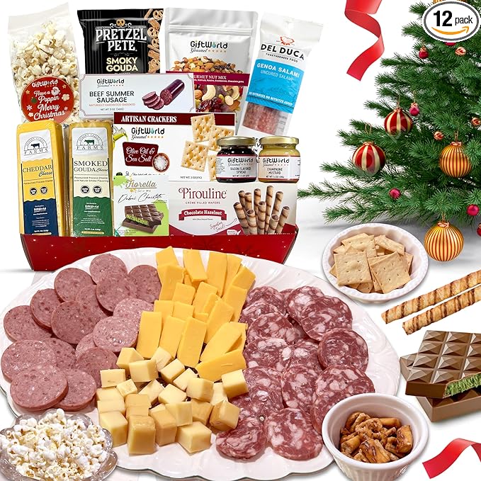 Christmas Gift Basket, Meat and Cheese Gift Baskets for Men and Women - Delicious Condiments with Dubai Chocolate, Charcuterie Food Gift Basket, Christmas Food Gifts in Christmas Gift Box (12-item Bundle)
