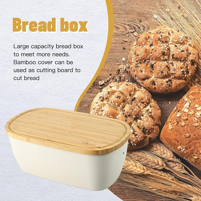 Bread Box for Kitchen Countertop - Bamboo Fiber Bread Bin with Reversible Cutting Board Lid, Juice Groove - Ventilated, Multi-Functional Storage Keeper for Freshness (14.2x7.8x5.5In, White)