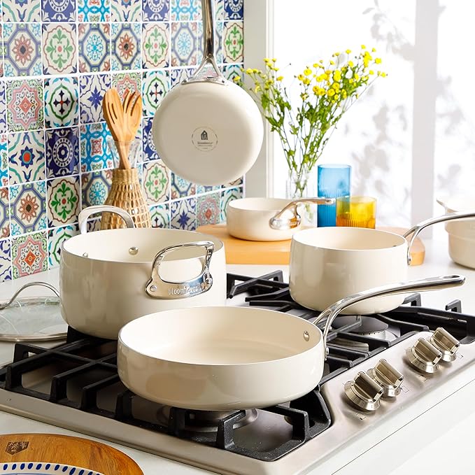 Bloomhouse 12 Piece Aluminum Pots and Pans Cookware Set w/Non-toxic Ceramic Non-stick, Ceramic Steamer Insert, & 12 Protective Care Bags - Oat White