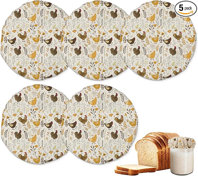 Roosters Wild Flowers Sourdough Starter Jar Covers Reusable,Breathable Fabric Lids for Mason Jars,Wide Mouth and Regular Mouth(5 Pack)