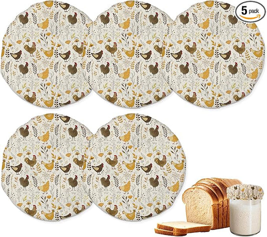 Roosters Wild Flowers Sourdough Starter Jar Covers Reusable,Breathable Fabric Lids for Mason Jars,Wide Mouth and Regular Mouth(5 Pack)