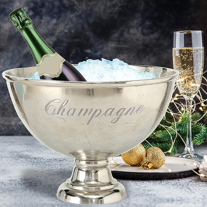 WHW Whole House Worlds Luxury Champagne Bucket with Old World Panache, Elegant Script Text Details, Hand Cast of Silver Aluminum, Pedestal Base, Party Sized, 18.5 Inches Diameter, 13.5 Inches Tall