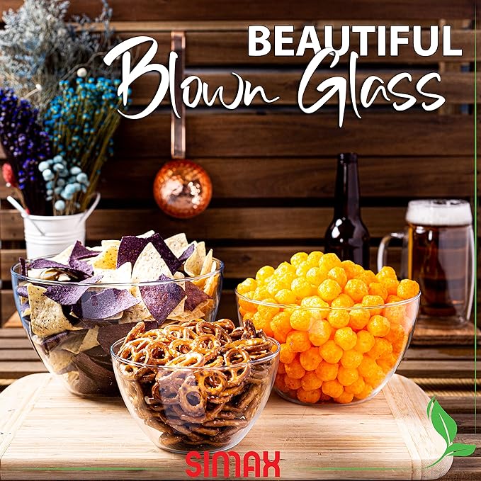 Simax Glass Serving Bowl Set: Borosilicate Glass Oven Safe Bowls - Clear Glass Bowls For Kitchen - Blown Glass Nesting Bowls - Kitchen Mixing Bowls -Glass Salad Bowls Set of 3 (3.2 C, 6.4 C,10.8 Cup)