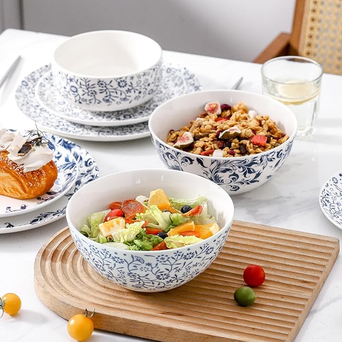 ramen bowl, salad bowl，mixing bowls，ceramic bowls, large cereal bowls, Large Soup Bowl, Pho Bowls, Fruit, Microwave Dishwasher Safe, 7 inch Blue and White 2 pack