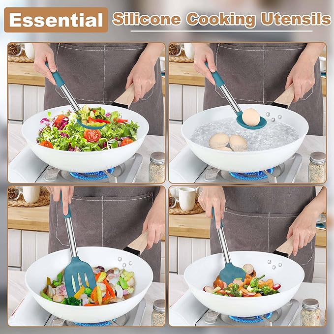 LIANYU Silicone Kitchen Cooking Utensils Set, 6Pcs Heat Resistant Kitchen Tools Spatula for Nonstick Cookware, Slotted Turner, Spoon, Soup Ladle, Pasta Server, Skimmer, Tongs, Blue